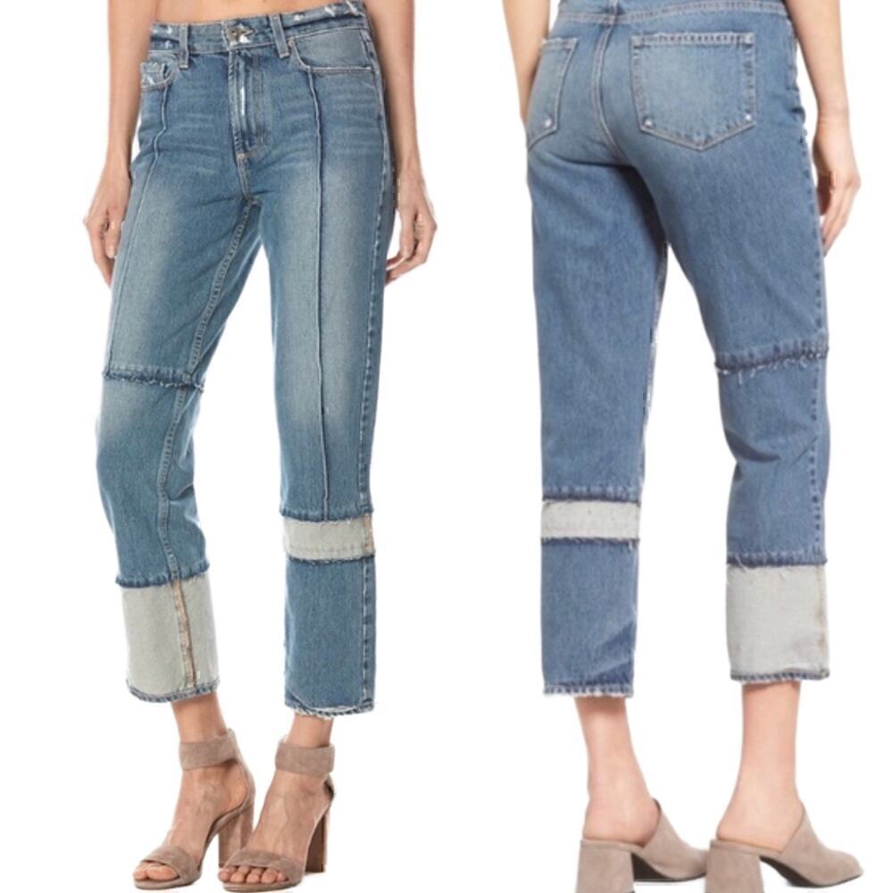 PAIGE High Rise Sarah Straight Seamed Revine Distressed Denim Jeans Size 27